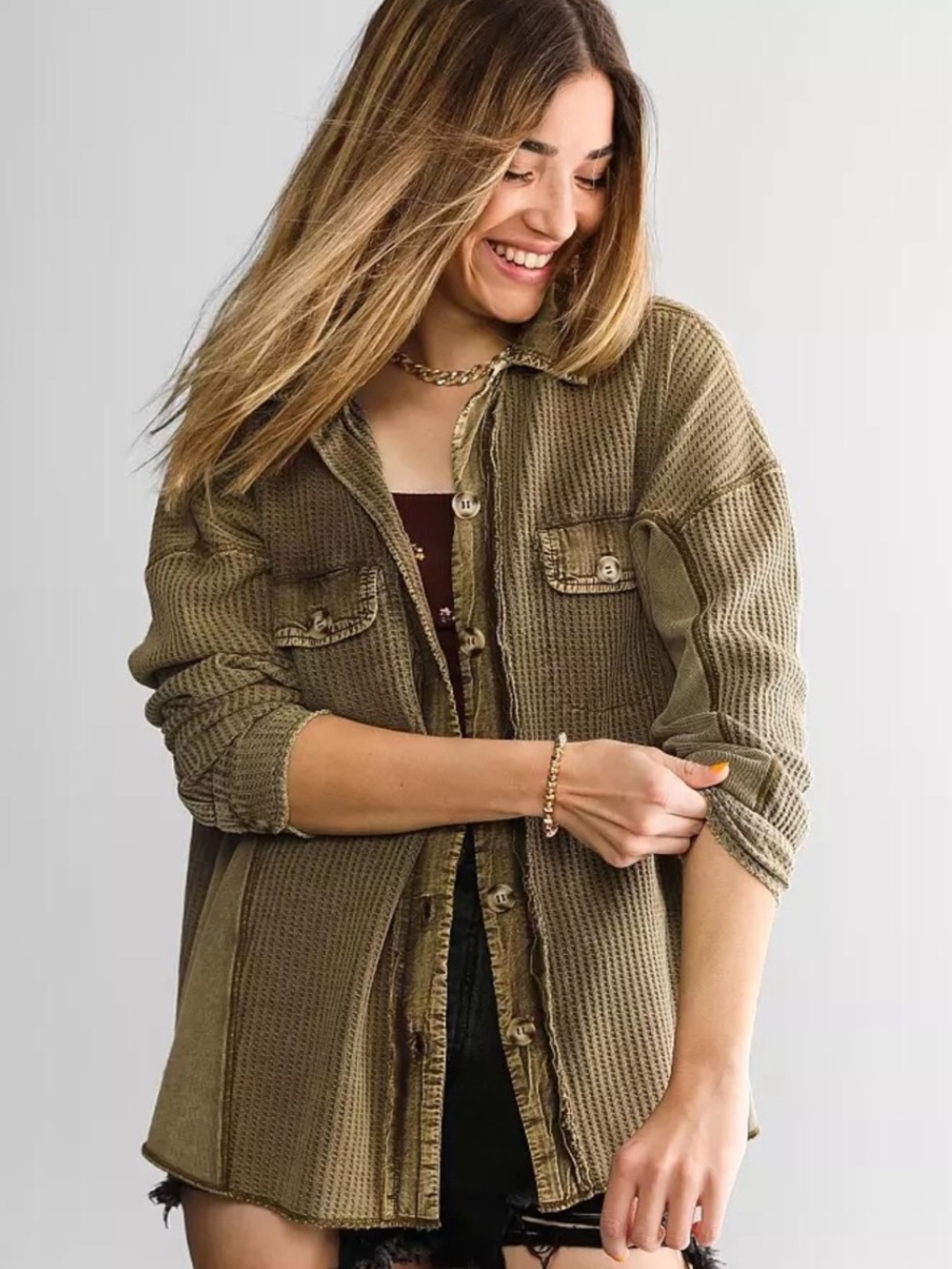 BKE Boyfriend Thermal Knit Button Front Jacket Shirt Taupe Size Small